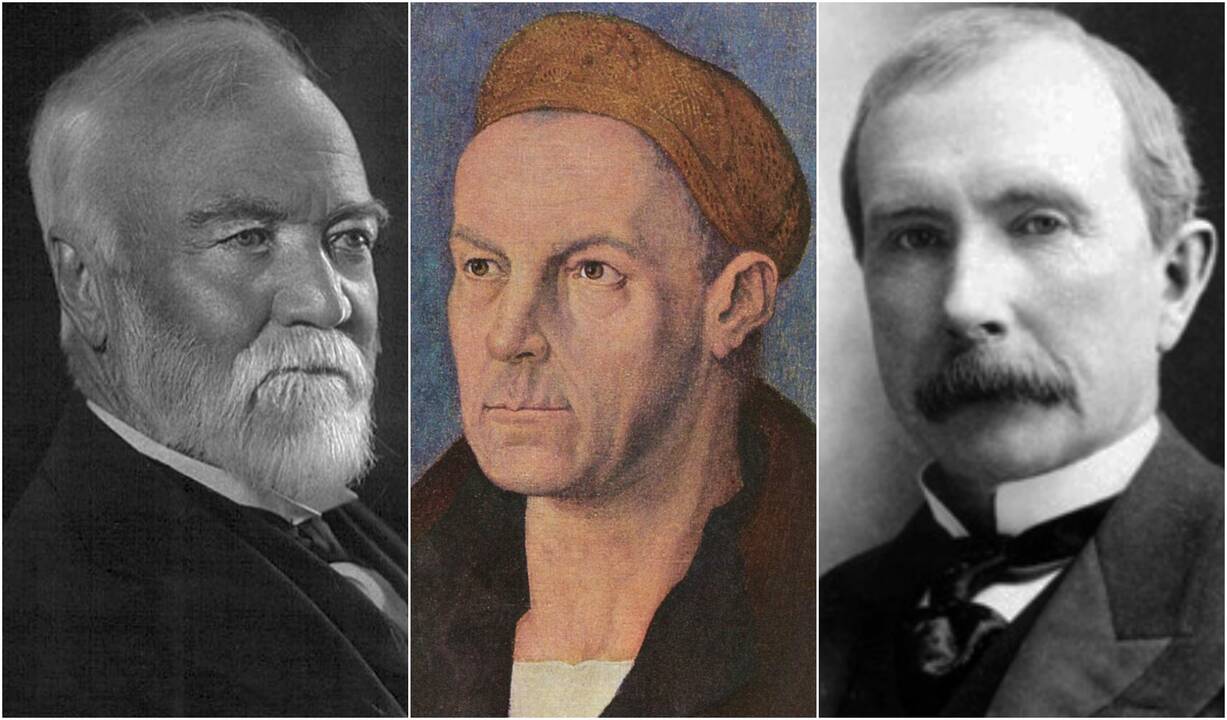 Iš kairės: A. Carnegie, J. Fuggeris ir J. D. Rockefelleris