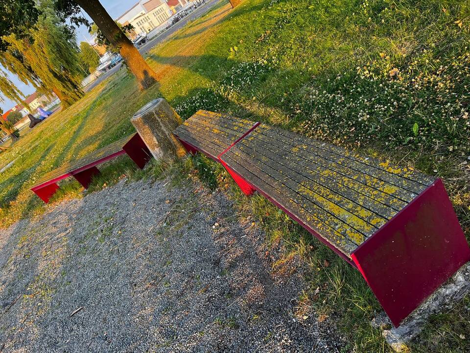 Keista: piliavietėje įrengti suoliukai – nauji, bet jau apkerpėję.
