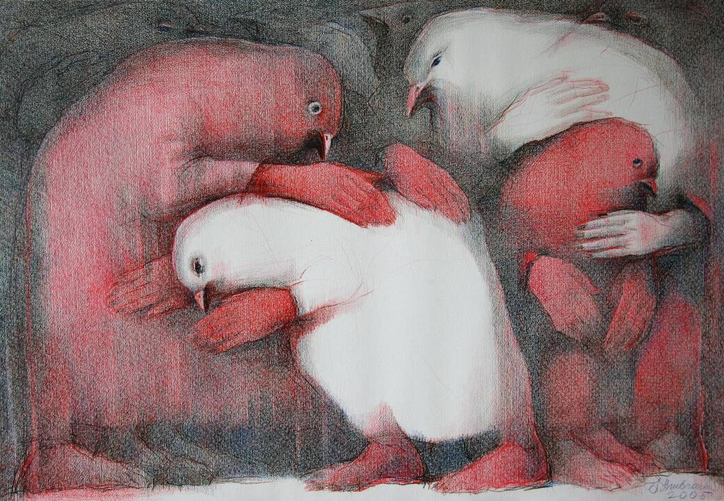 I.Ambrazienė. Atgailavimas. 2005 m. Spalvoti pieštukai, popierius, 70x100 cm.