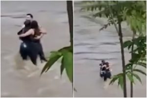 Akimirka iki tragedijos: užfiksuotas paskutinis draugų apsikabinimas prieš juos nunešant potvyniui