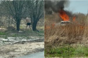 Tragikomedija Vilniuje: vyras nuvažiavo nuo kelio, padegė BMW ir pusnuogis pabėgo