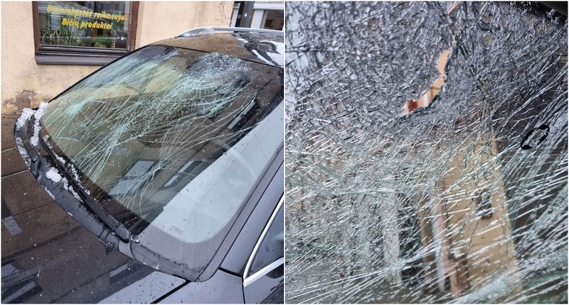 Stabtelėjusiai kaunietei –  klaikus siurprizas: ledo gabalas prakirto automobilio stiklą