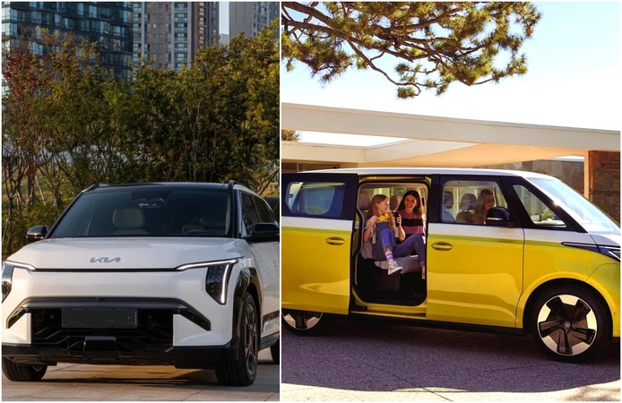 Titulai: „Kia EV3“ (kairėje) – absoliutus „WCOTY 2025“ nugalėtojas, o „VW ID.Buzz“ aukštai įvertintas už dizainą.