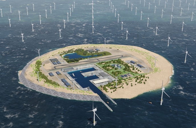 Variantai: Nyderlandai Šiaurės jūroje planuoja statyti vėjo jėgainių parkus kartu su dirbtinėmis energijos kaupimo ir poilsio salomis.