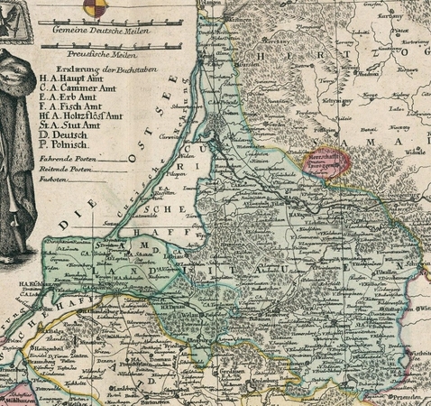 Istorija: 1753 m. žemėlapis, kuriame didžioji dalis dabartinės Kaliningrado srities žemių nurodyta  kaip "Land Litauen" (Lietuvos kraštas).