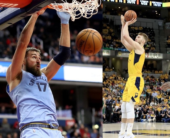 Jonas Valančiūnas (kairėje) ir Domantas Sabonis