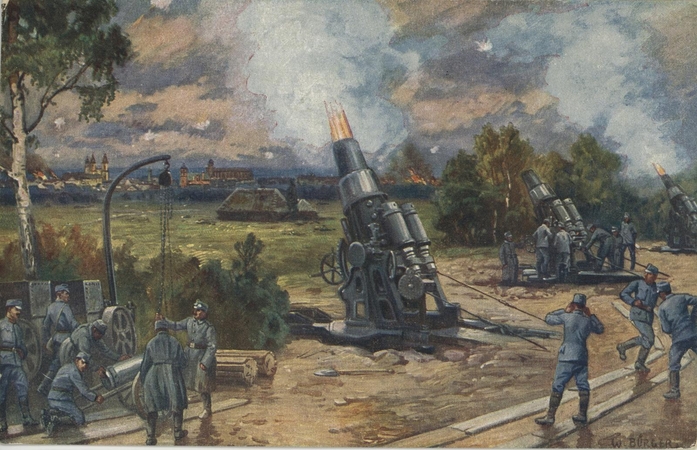 Vokiečių 305 mm mortyrų baterija apšaudo Kauno tvirtovės fortus ir įtvirtinimus. 1915 m. rugpjūčio 15 d. 
