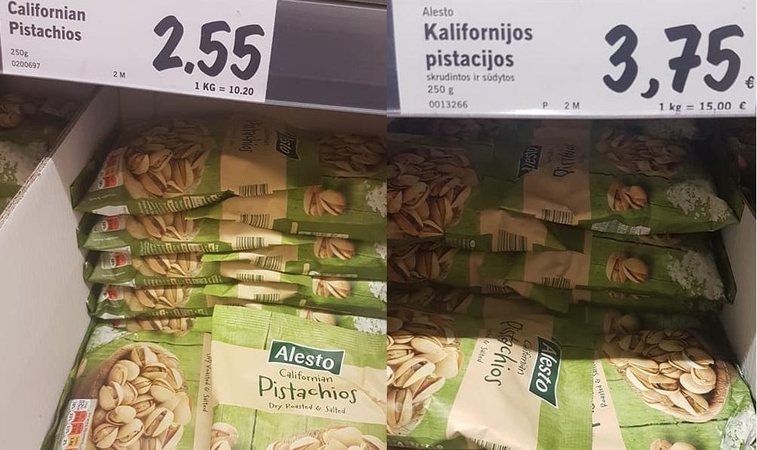 Kairėje – pistacijų kaina Airijoje, dešinėje –Lietuvoje
