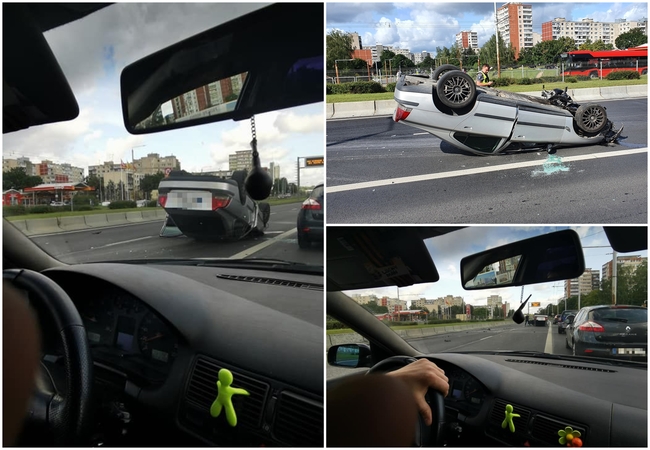 Nelaimė Laisvės prospekte: „Volvo“ automobilis apsivertė ant stogo