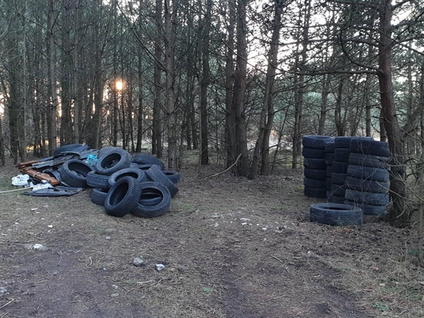 Kairių miške – sąvartynas: teršėjai krauna padangų bokštus, palieka šiukšles