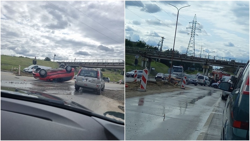 Avarija Šiauliuose: susidūrus dviem automobiliams vienas jų apvirto ant stogo