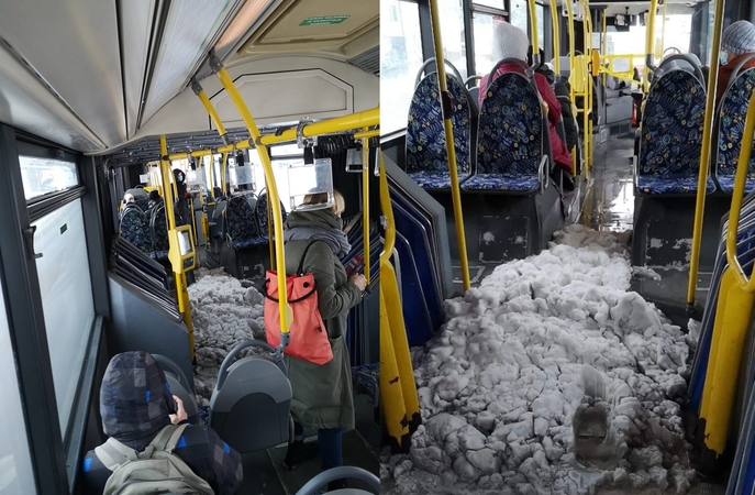Keleiviai gūžčioja pečiais: sniego autobuso viduje – kaip lauke