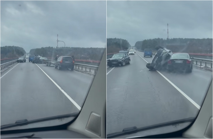 Avarija Nemenčinėje: ant tilto per Nerį apvirto automobilvežis, sustojo eismas