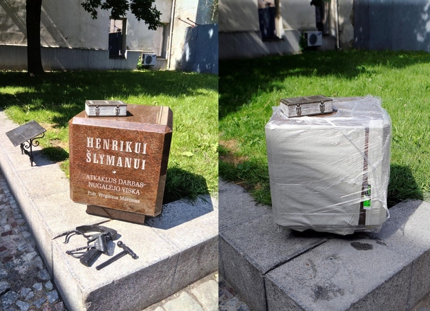 Dar savaitgalį senamiestyje klaipėdiečiai galėjo pamatyti naujai pastatytą paminklą, skirtą Trojos atradėjui, tačiau vakar dalis skulptūros elementų jau buvo nuimta, o pats kubas – uždengtas.