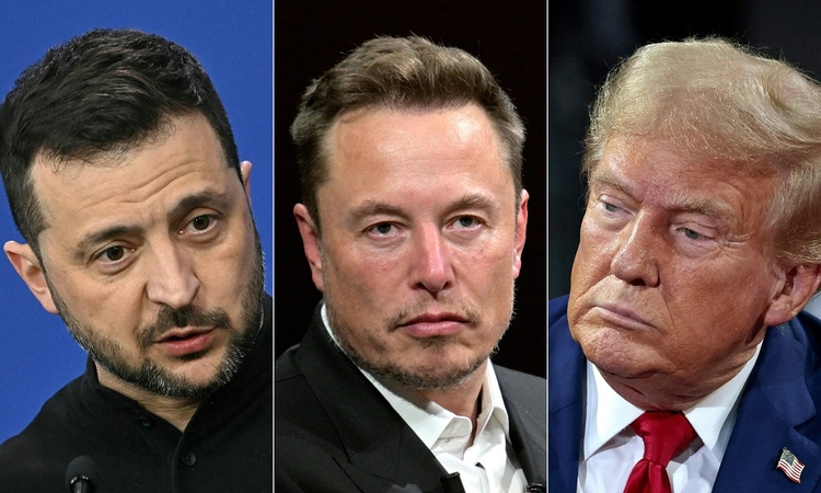 Iš kairės: Volodymyras Zelenskis, Elonas Muskas ir Donaldas Trumpas