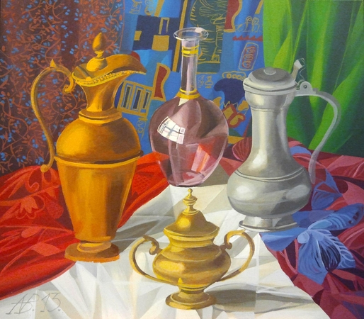 A.Banytės „Natiurmortas su grafinu“, 2013 m., drobė, akrilas.